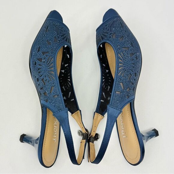 J. Renee ARATA Navy Blue Sparkle Laser Cutout Lace Mesh Open Toe Slingback Heels - Picture 9 of 16